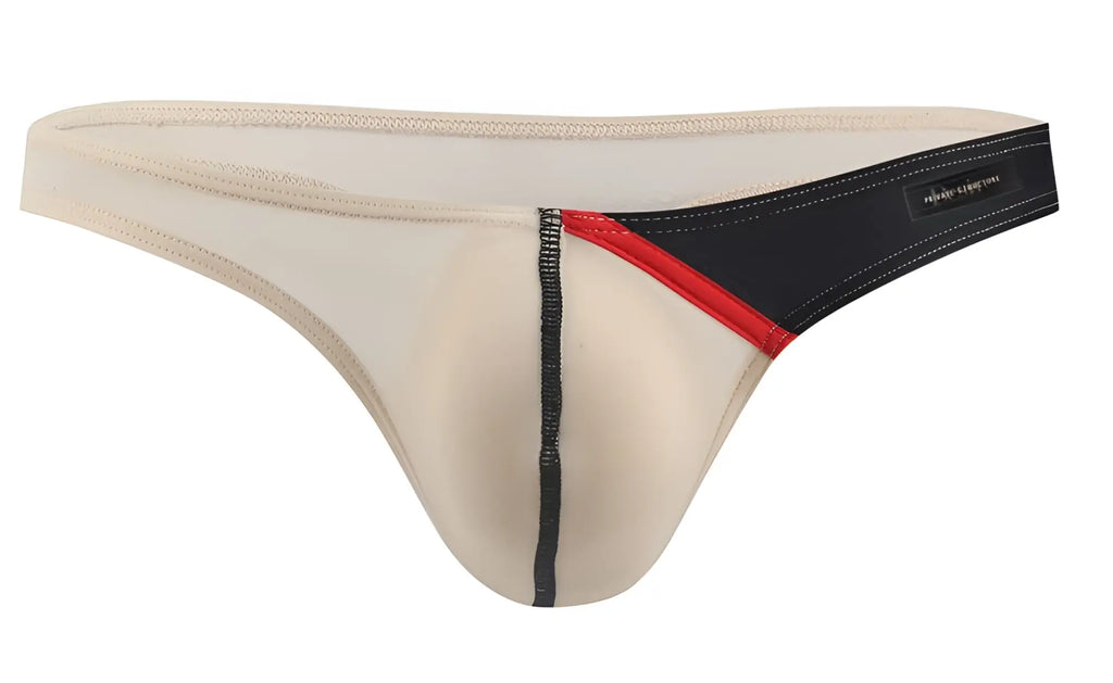 Beige Private Structure DGUY4025 Desire Glaze g-string thong with black and red trim and subtle stitching details