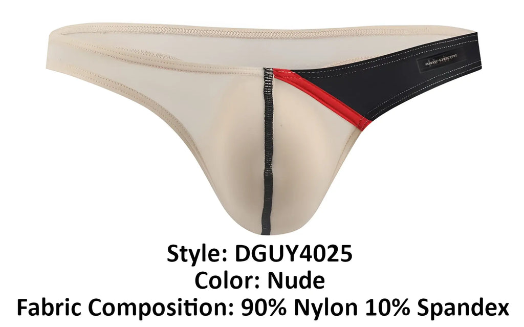 Nude-colored Private Structure Desire Glaze G-string thong with black and red side stripe made of nylon and spandex