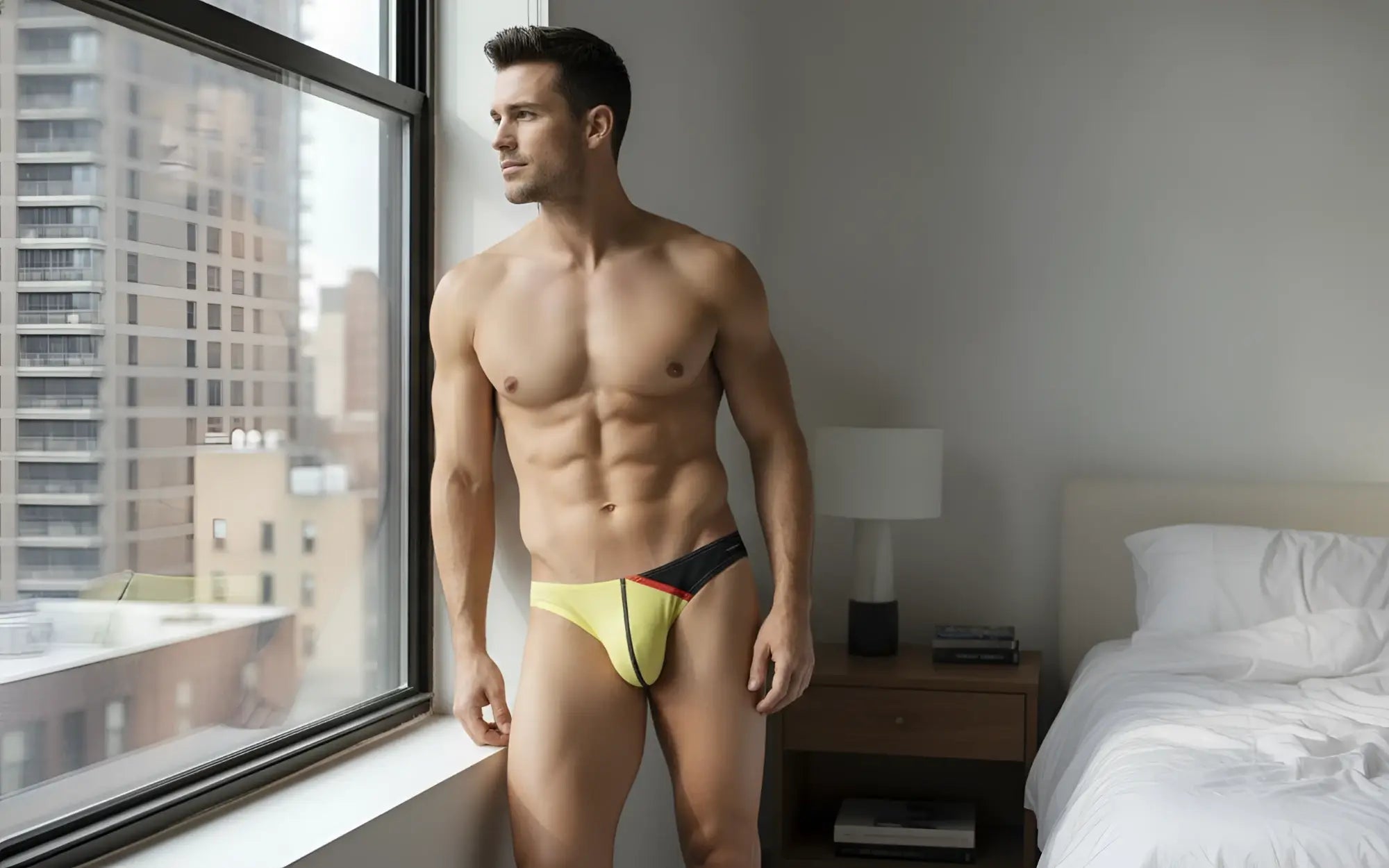 Yellow mesh thong g-string with black and red trim featuring a sleek design by private structure dguY4025