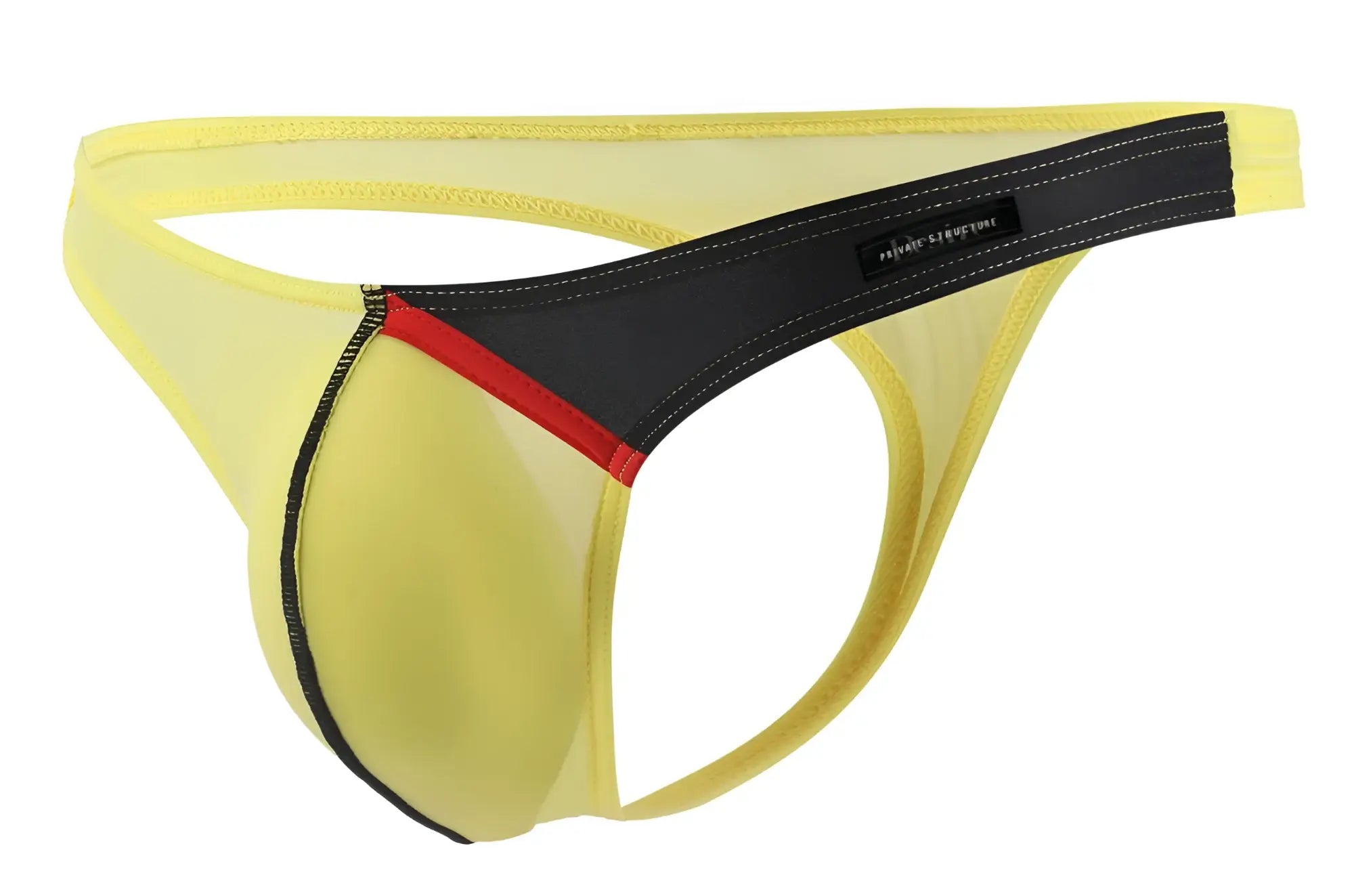 Yellow mesh thong g-string with black and red trim and a branded waistband label by Private Structure