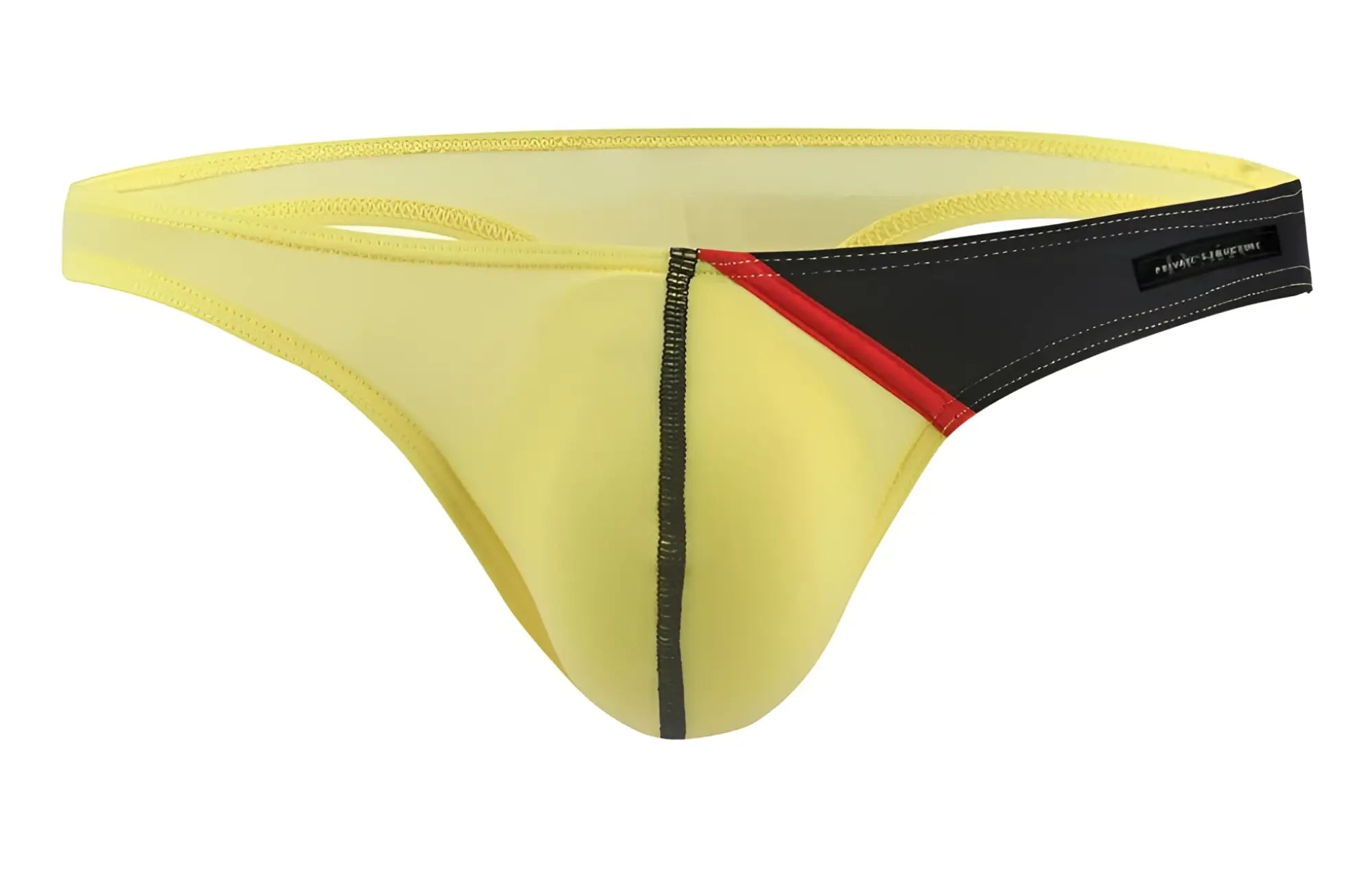 Yellow mesh thong g-string with black and red trim featuring a sleek design by private structure dguY4025