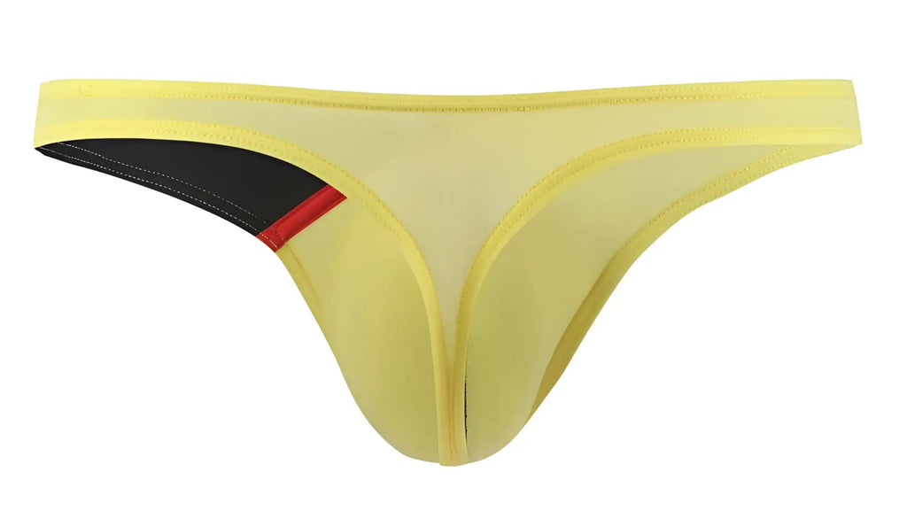 Yellow mesh thong g-string with black and red accent panel on the side by private structure dguY4025 desire glaze