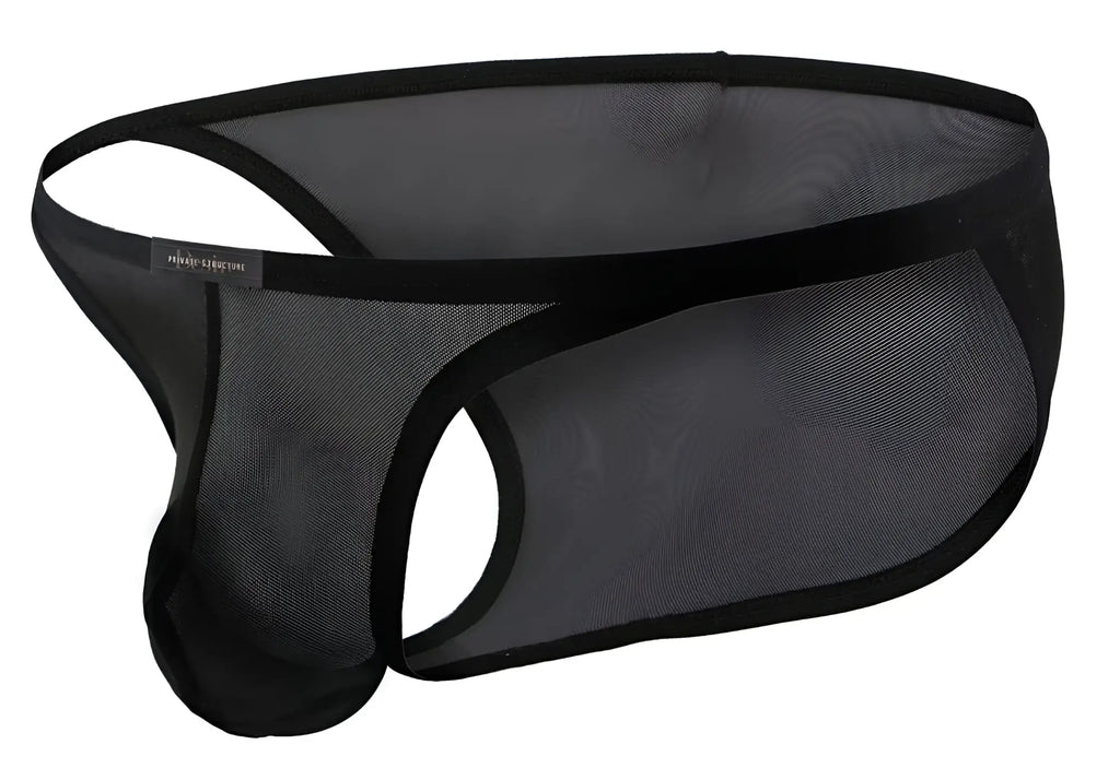 Black mesh men’s low rise bikini underwear with solid black elastic waistband and trim by private structure