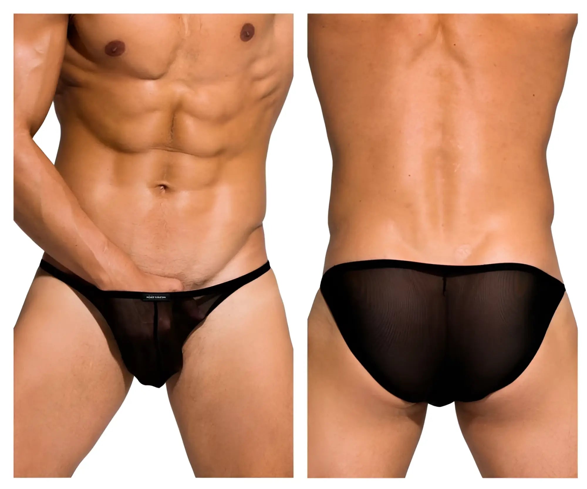 Black sheer mesh briefs with a solid black waistband from Private Structure DIAMU3454BT Desire Intima low rise bikini
