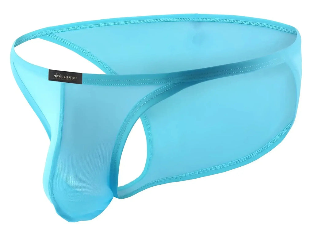 Light blue sheer mesh men’s thong with black brand tag private structure diamu3454bt desire intima low rise bikini