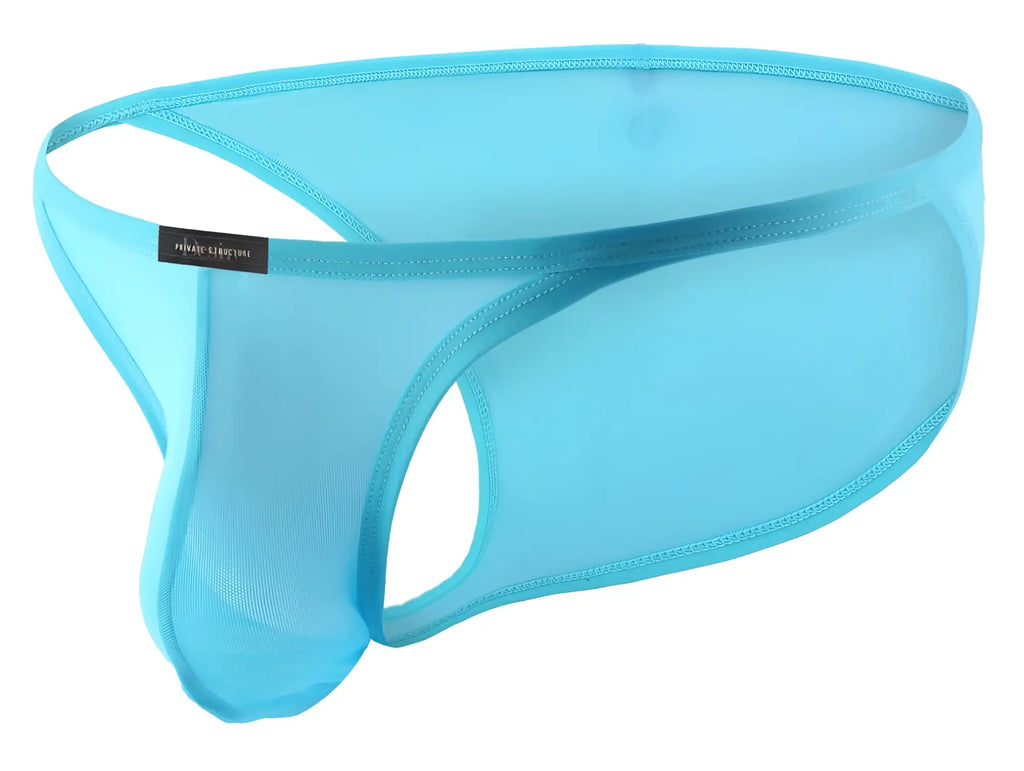 Light blue sheer mesh men’s thong with black brand tag private structure diamu3454bt desire intima low rise bikini