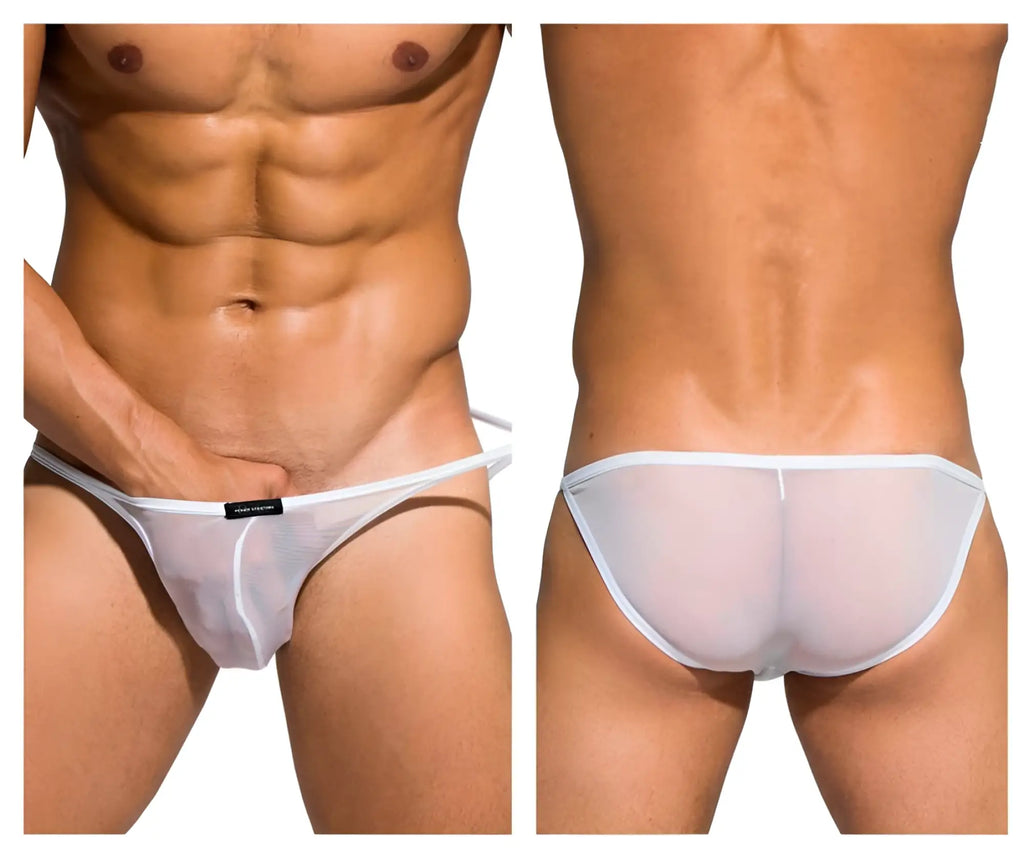 White sheer mesh briefs with a thin white waistband from private structure desire intima low rise bikini collection