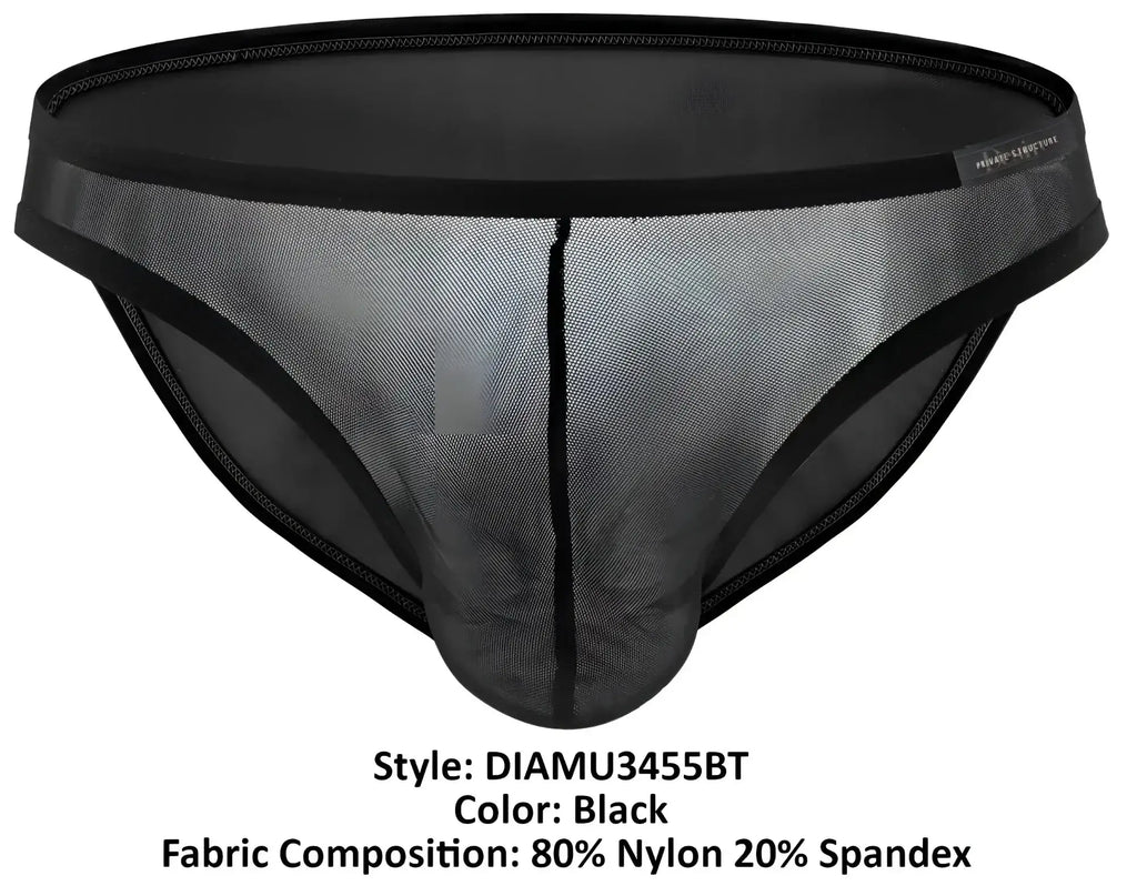 Black mesh briefs with solid elastic waistband and leg edges made from 80% nylon 20% spandex by private structure