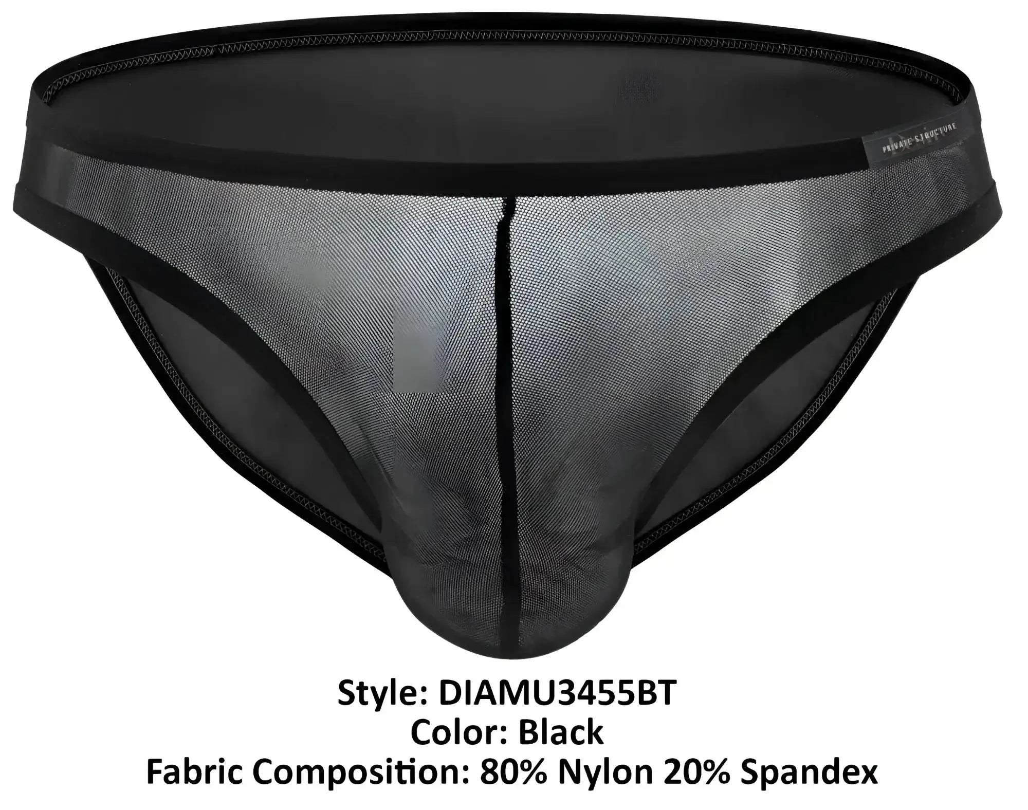Black mesh briefs with solid elastic waistband and leg edges made from 80% nylon 20% spandex by private structure