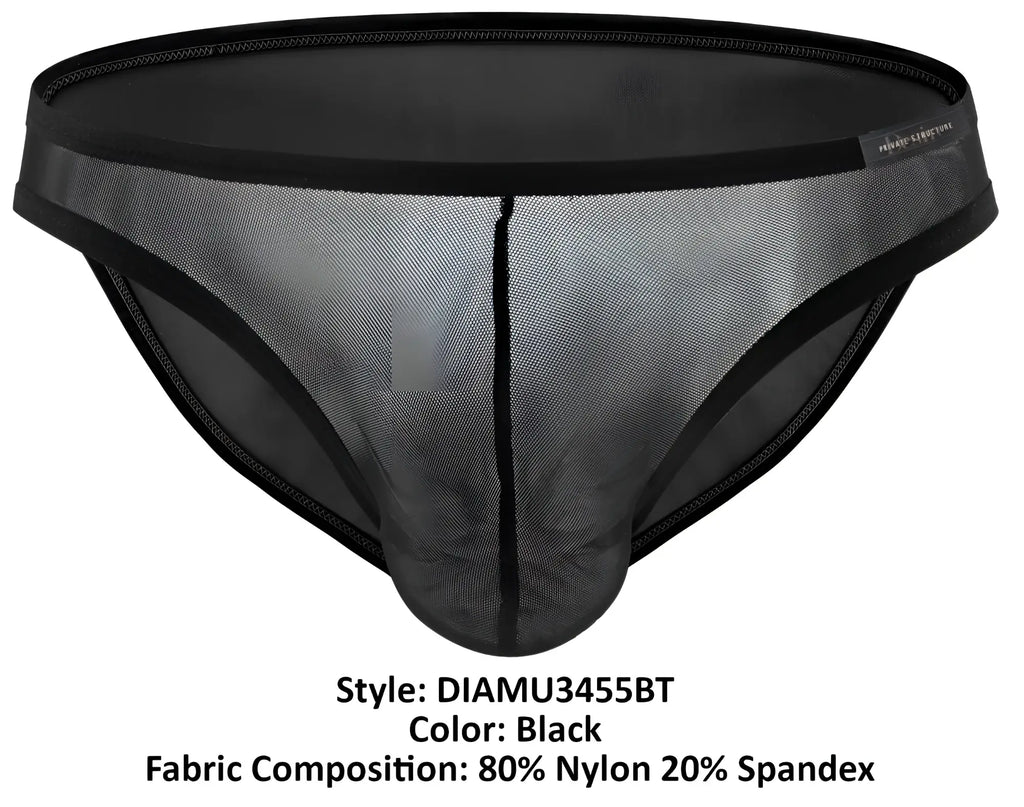 Black mesh briefs with solid elastic waistband and leg edges made from 80% nylon 20% spandex by private structure