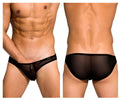 Black sheer mesh briefs with solid waistband low rise bikini by private structure in black shown from the back