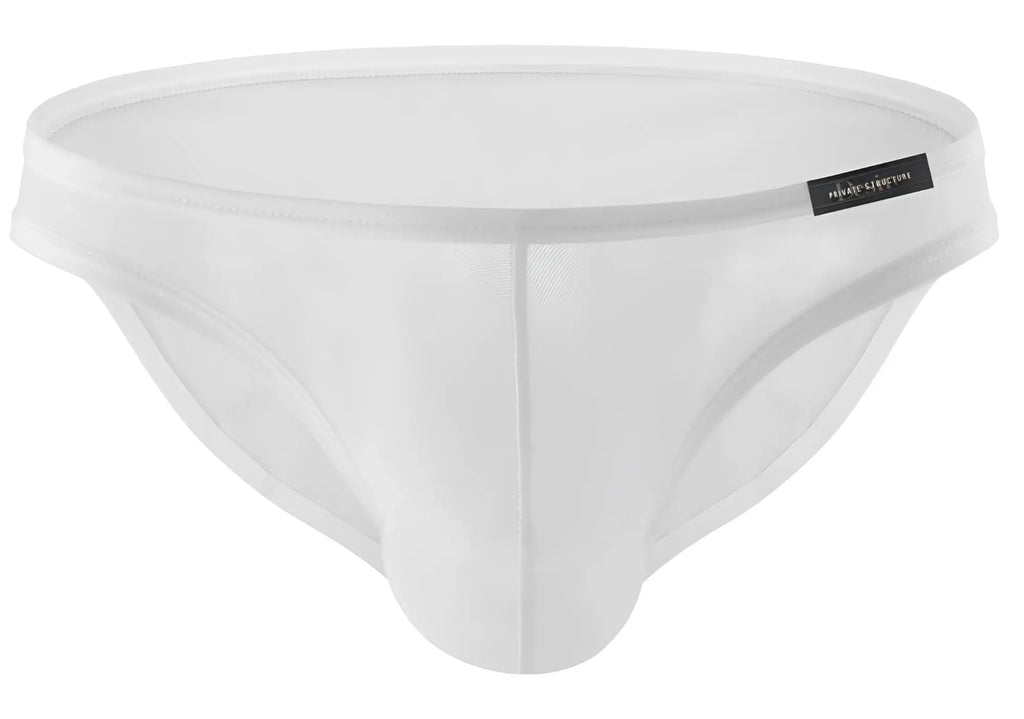 White mesh low rise bikini briefs with sleek form-fitting design and subtle private structure brand tag on waistband