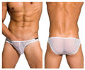 White sheer mesh briefs with white trim and black Private Structure brand label low rise bikini in white color