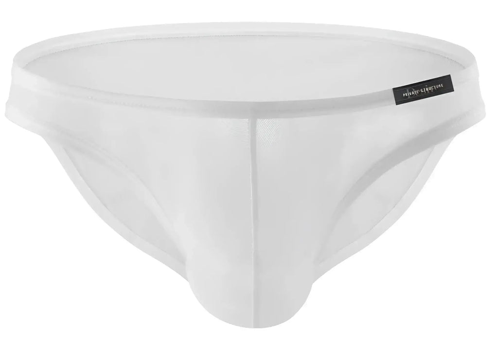 White mesh low rise bikini briefs with sleek form-fitting design and subtle private structure brand tag on waistband