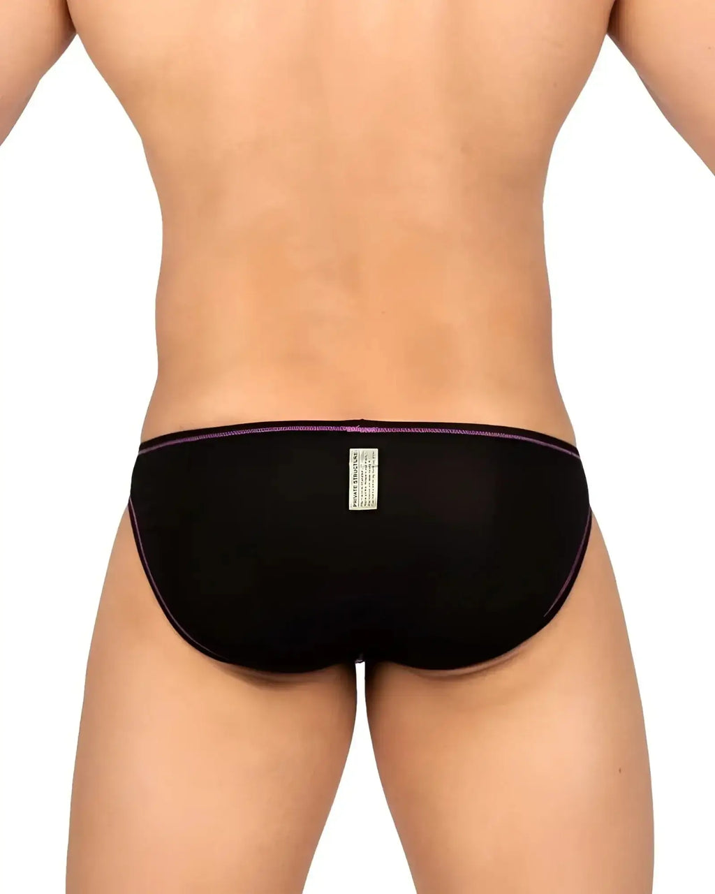 Black briefs with subtle purple trim on waistband and leg openings.