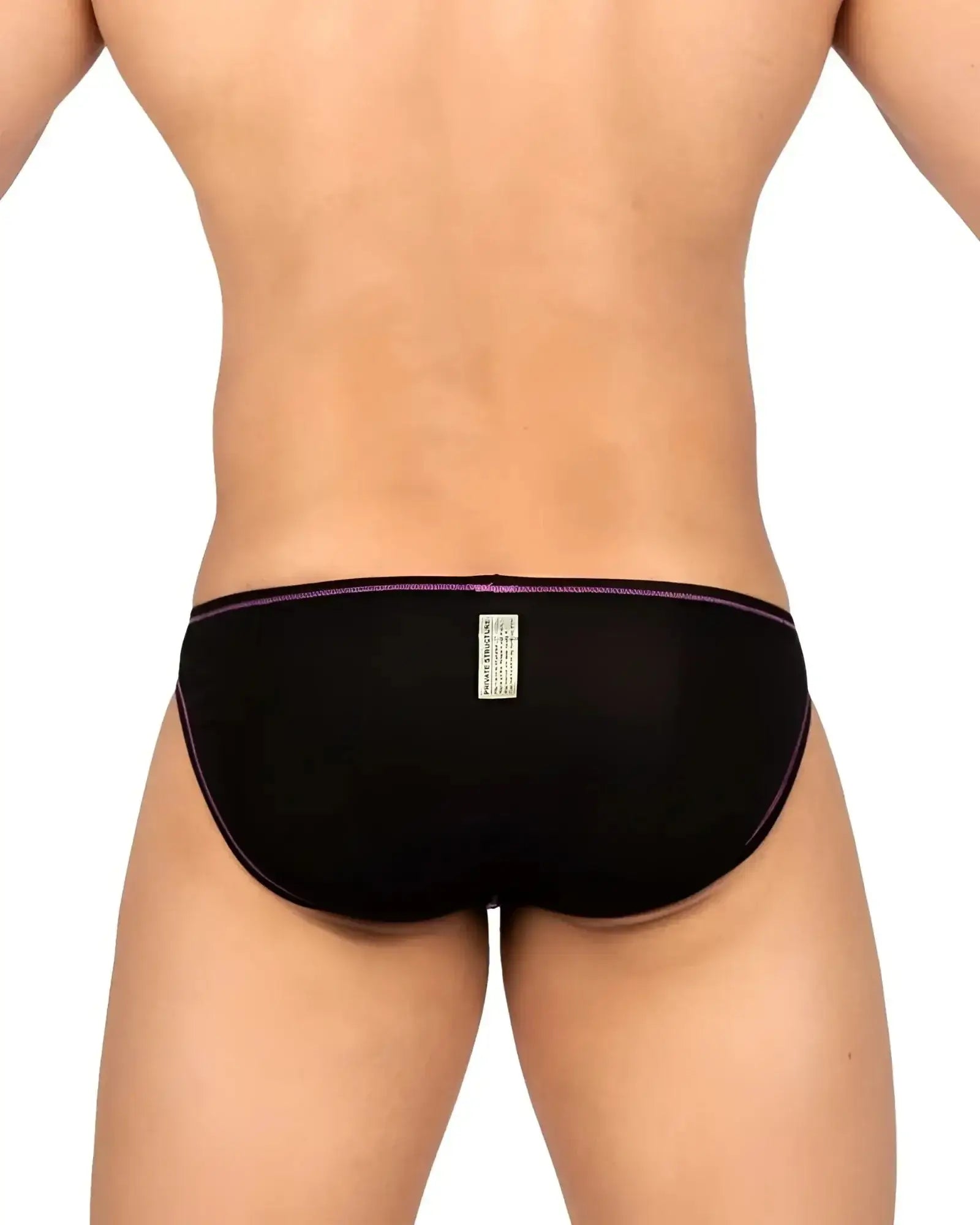 Black briefs with subtle purple trim on waistband and leg openings.