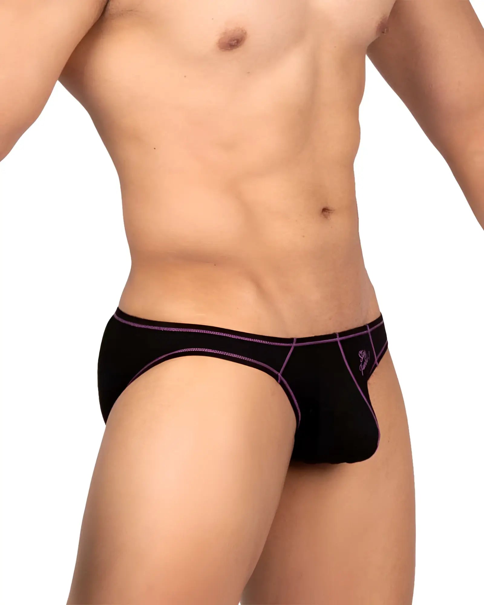 Black men’s briefs charcoal color with purple trim and small logo on the side by private structure