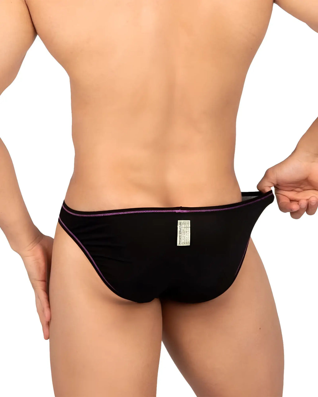 Black private structure epus4563 prime eutopia bikini briefs with subtle purple trim on waistband and leg openings