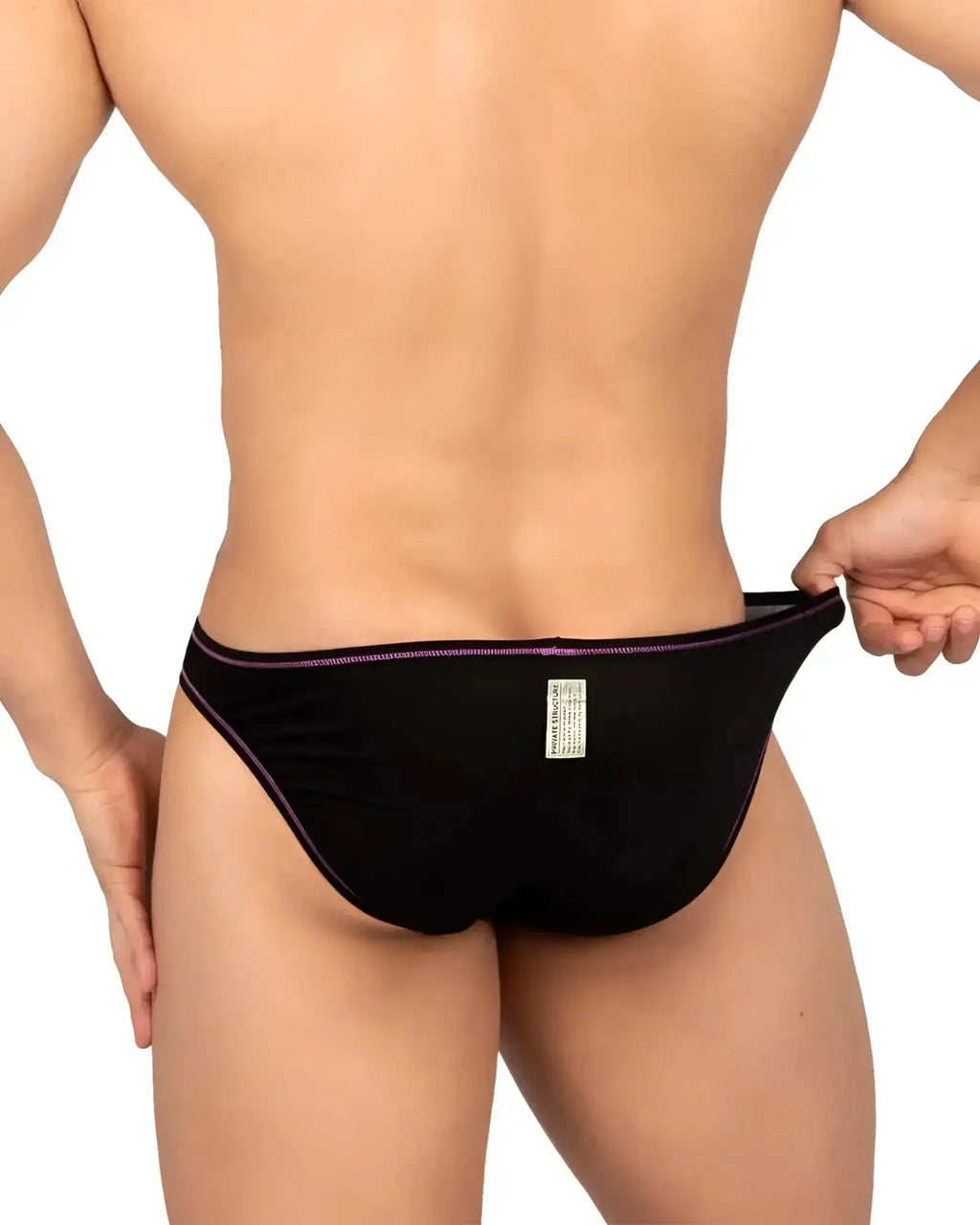 Black private structure epus4563 prime eutopia bikini briefs with subtle purple trim on waistband and leg openings