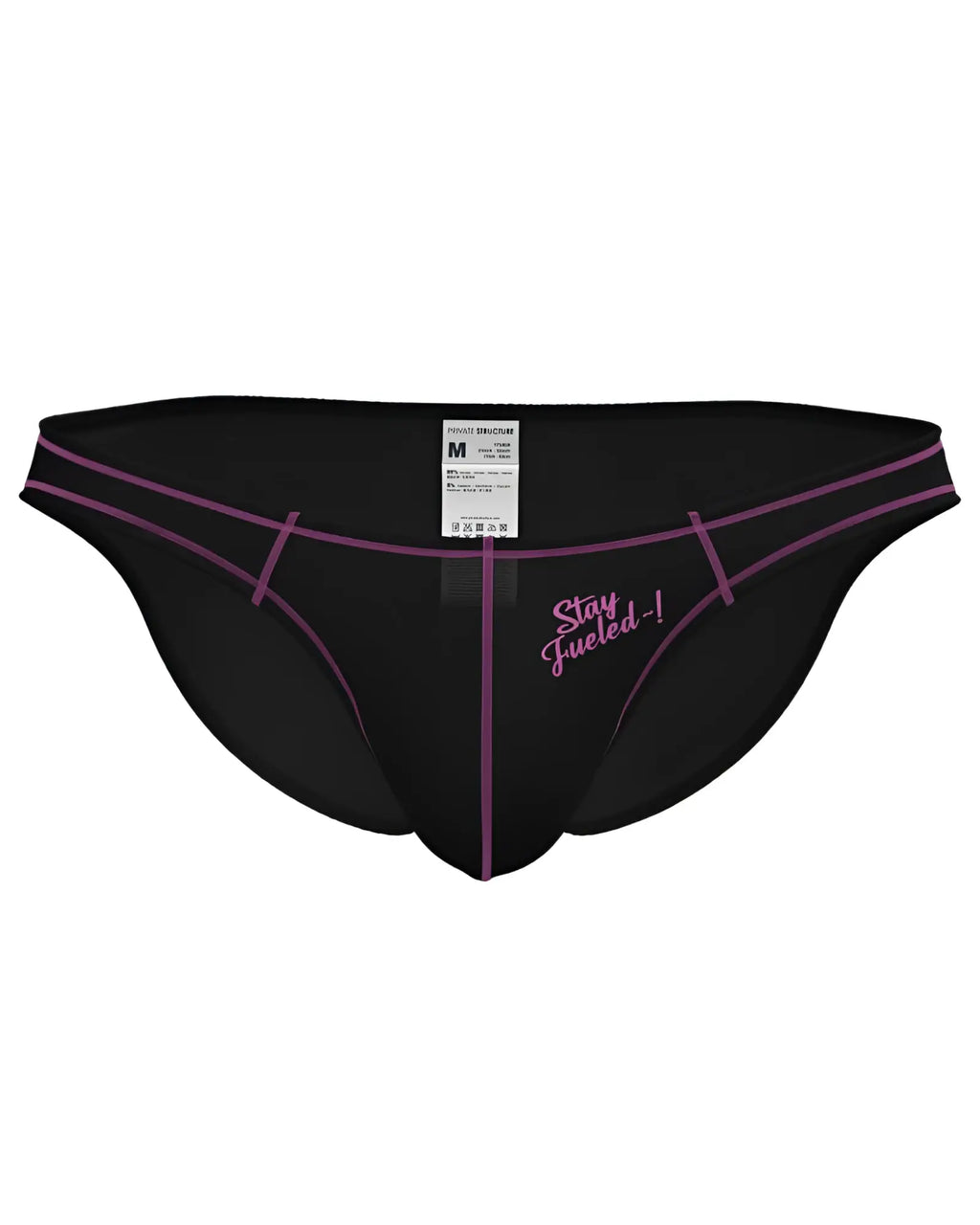 Private structure epus4563 prime eutopia charcoal athletic bikini briefs with purple trim and stay fueled embroidered slogan