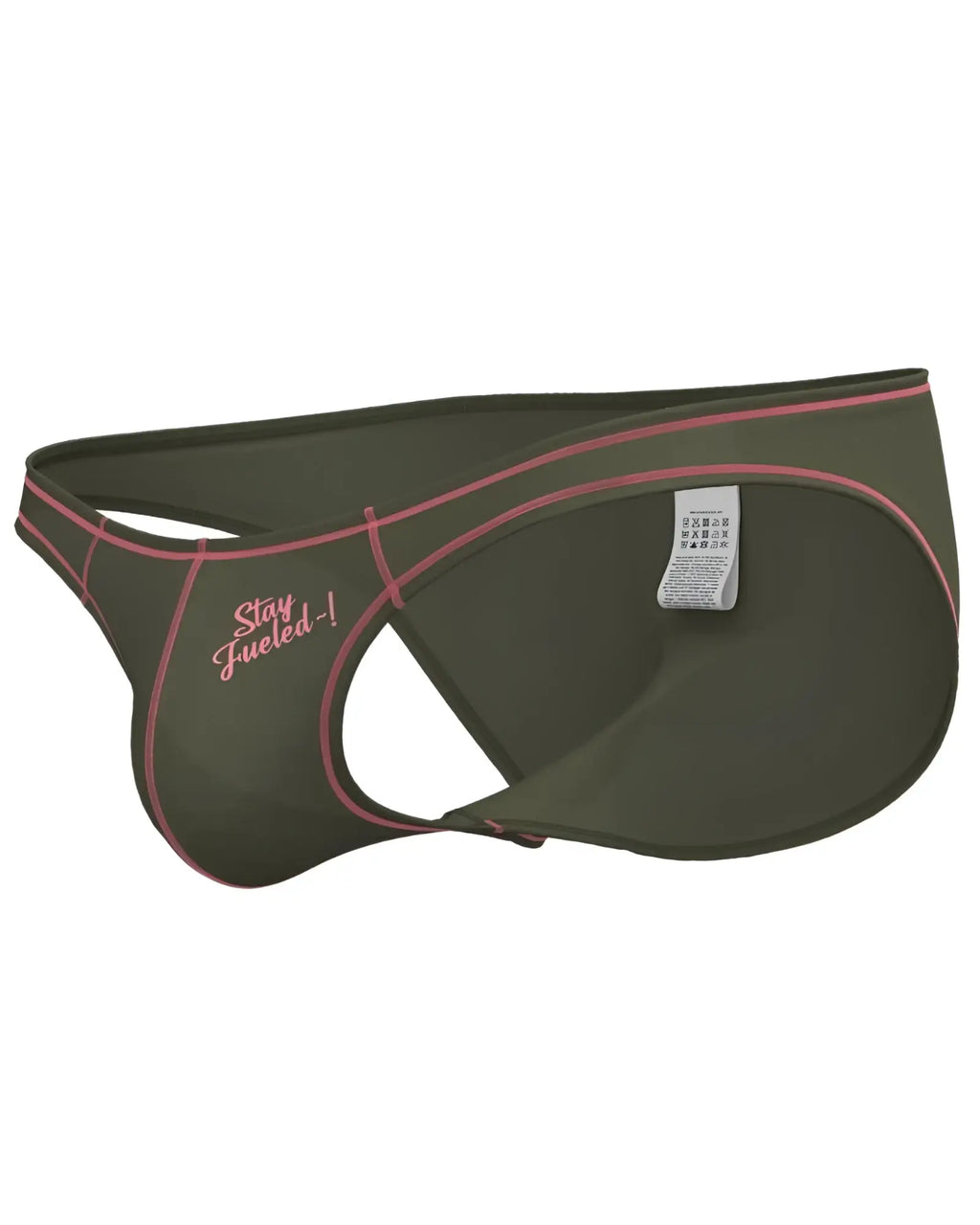 Olive green private structure prime eutopia athletic briefs with pink stitching and stay fueled embroidered logo