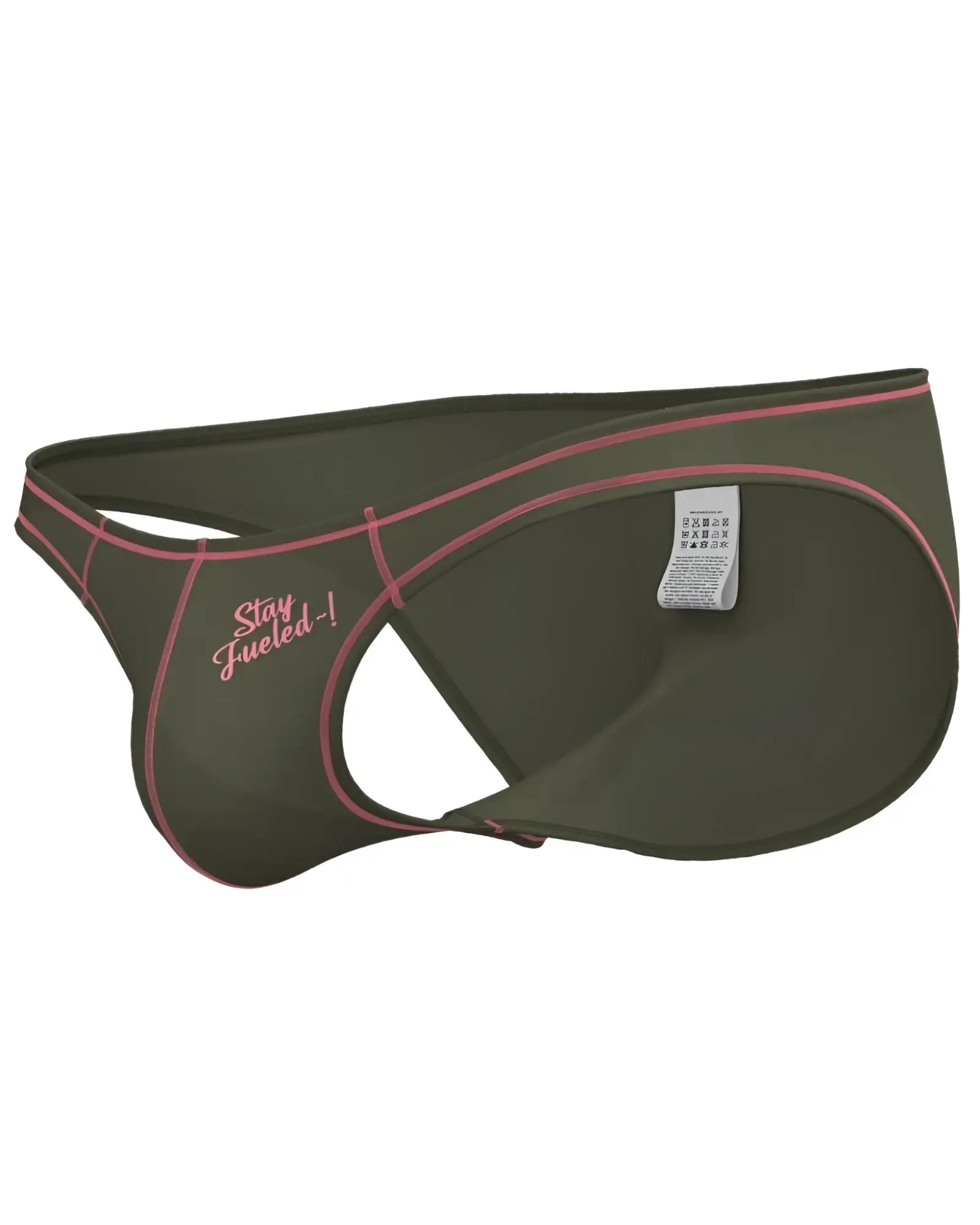 Olive green private structure prime eutopia athletic briefs with pink stitching and stay fueled embroidered logo
