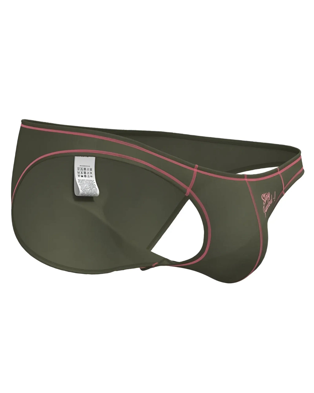 Olive green men’s briefs with pink stitching and stay fabulous logo by private structure prime eutopia bikini brief