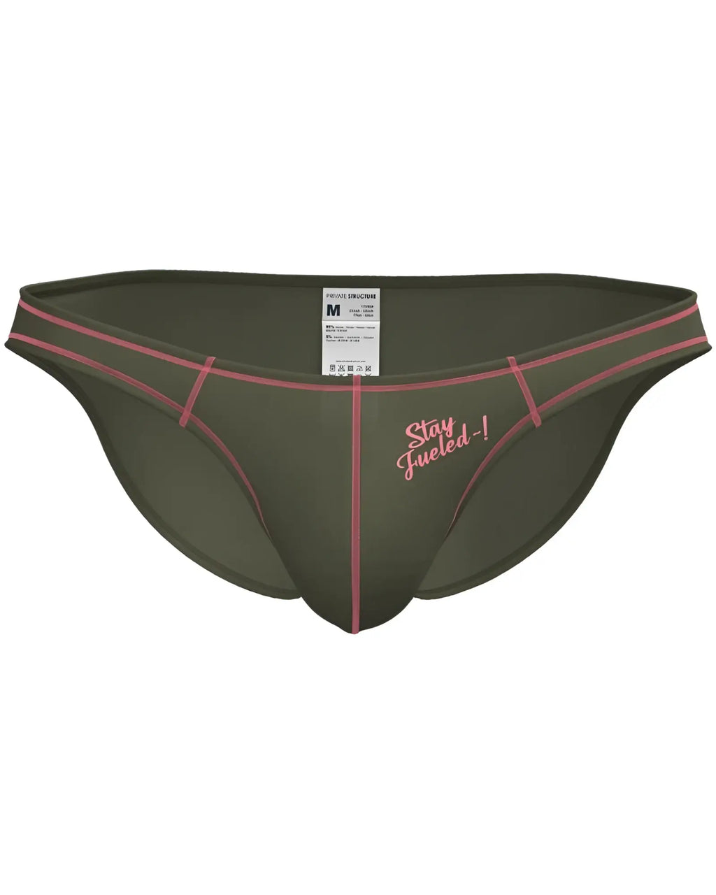 Olive green private structure EPUS4563 prime eutopia men’s briefs with pink stitching and stay fueled embroidered slogan