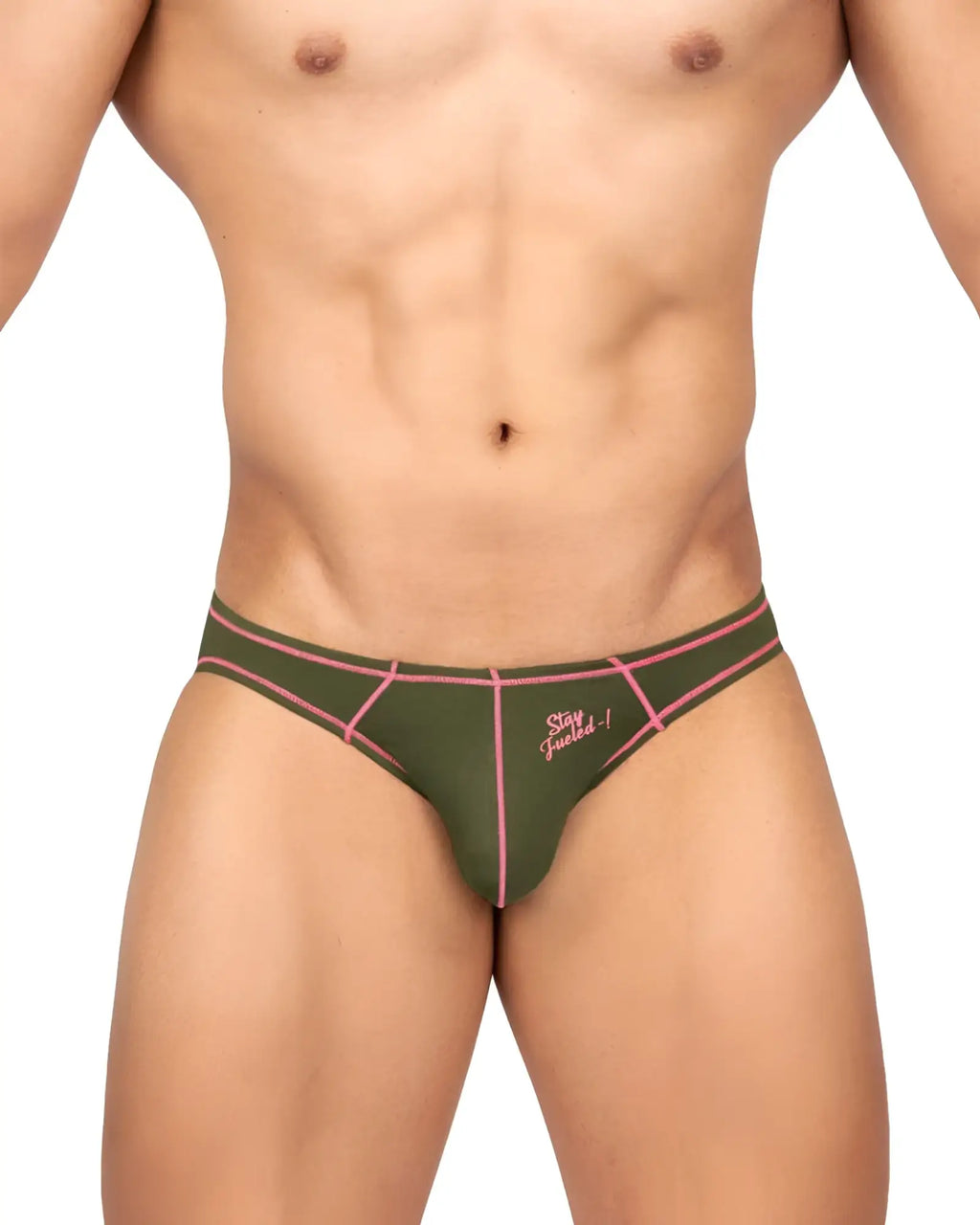 Olive green private structure prime eutopia bikini brief with pink geometric trim and stay focused embroidered logo