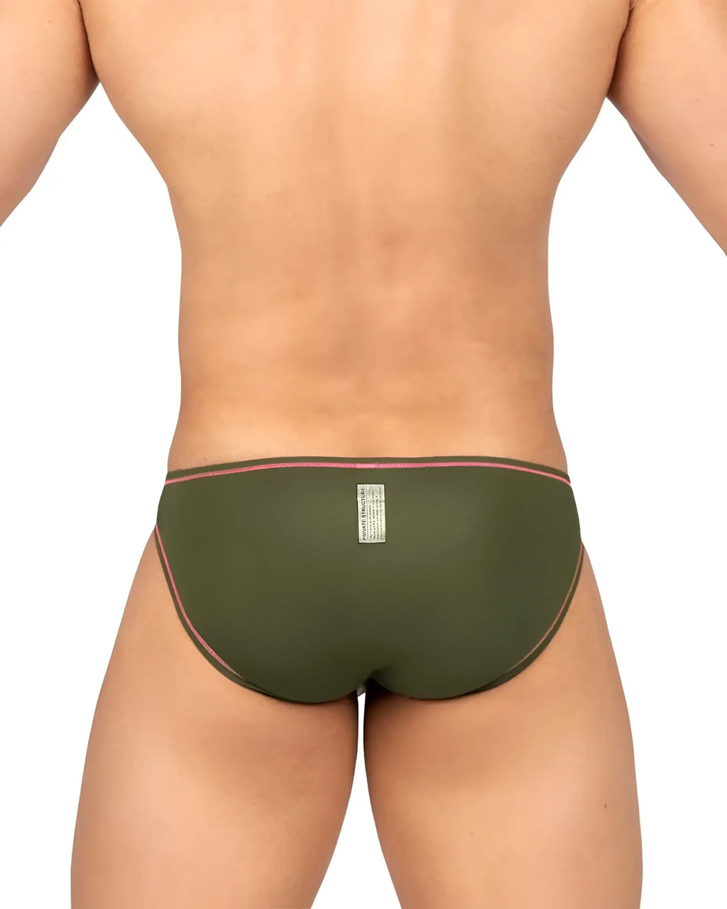 Olive green bikini briefs with pink trim and a small rectangular label at the back by private structure