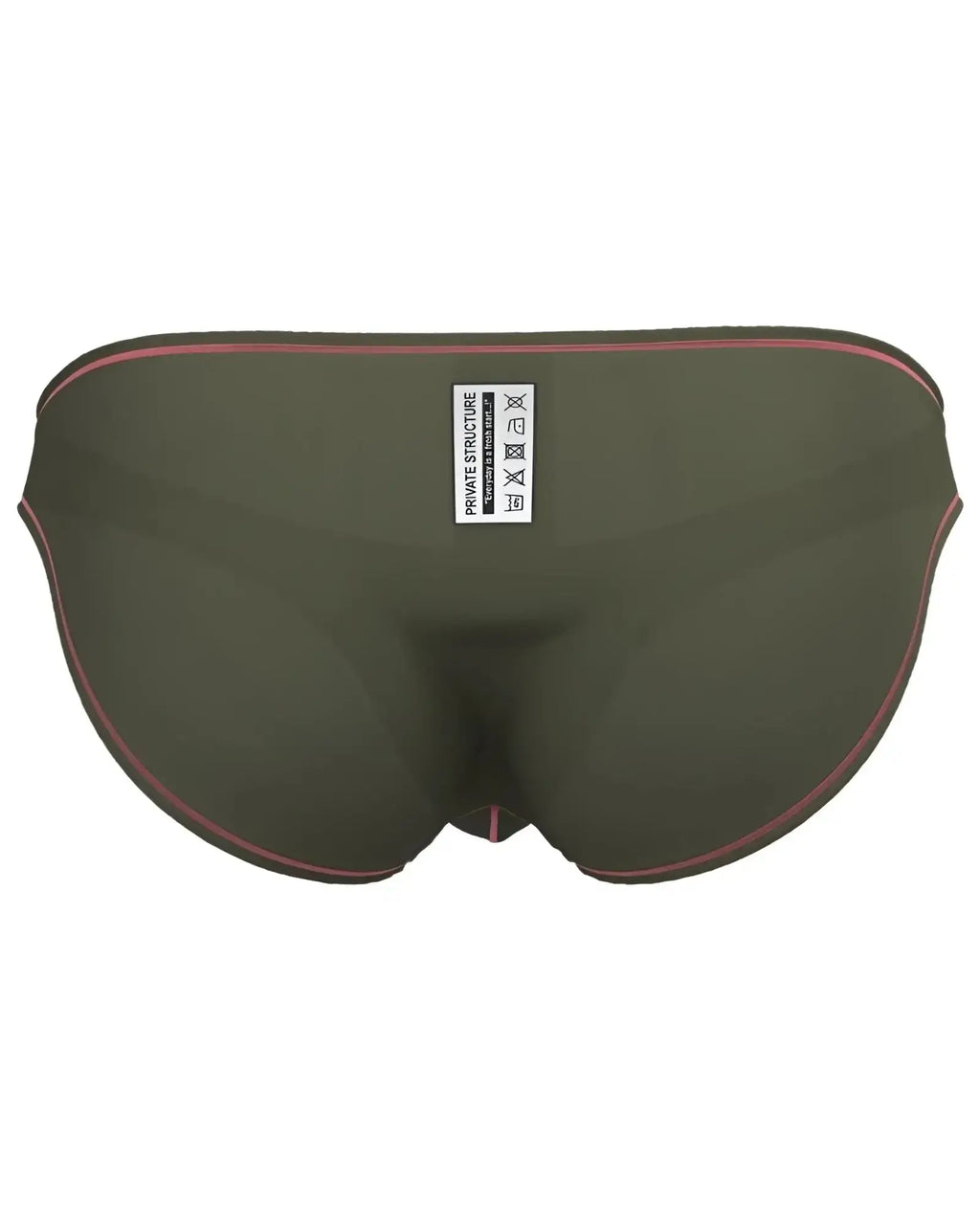 Olive green private structure epus4563 prime eutopia bikini brief with pink trim and white care label front view