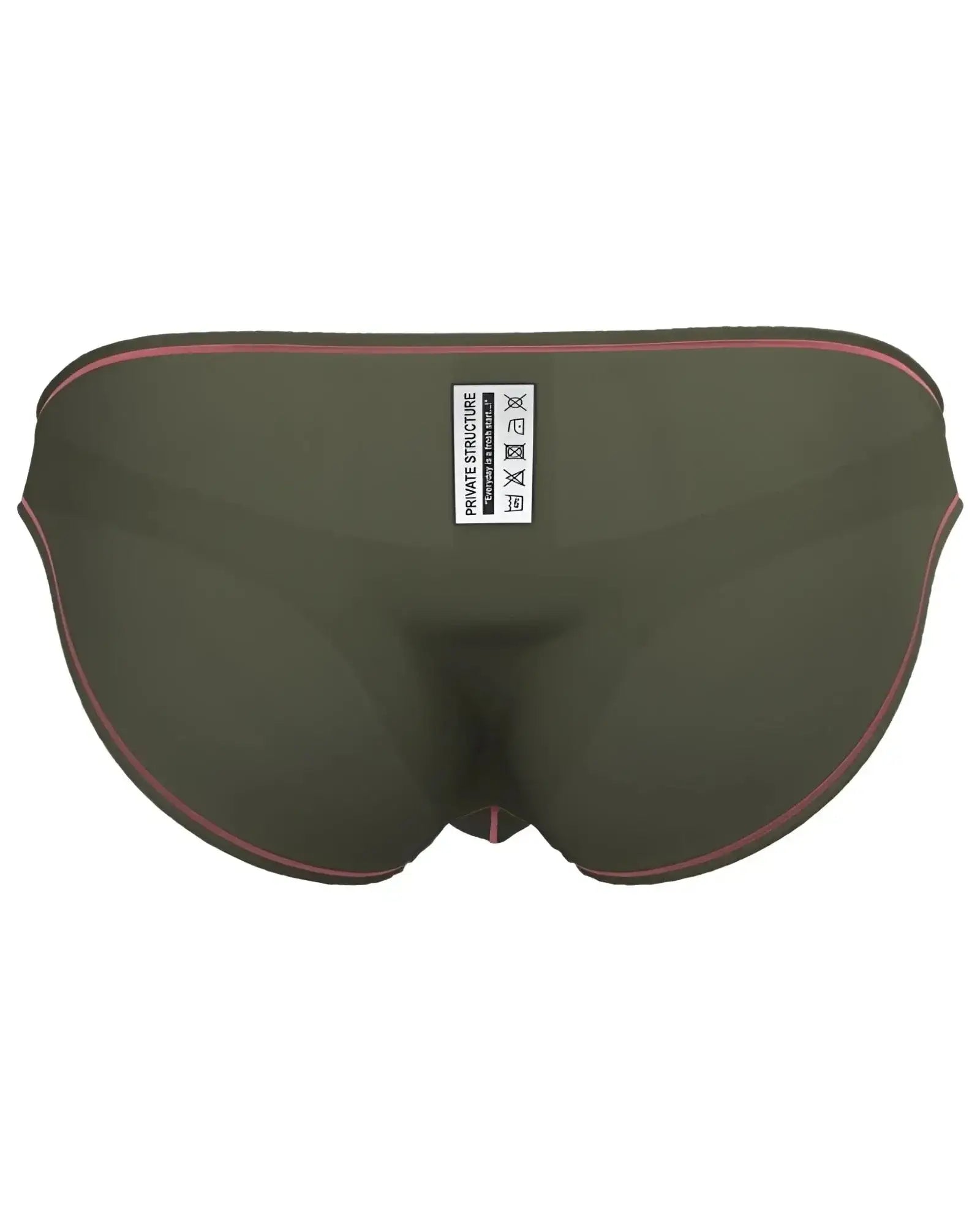 Olive green private structure epus4563 prime eutopia bikini brief with pink trim and white care label front view