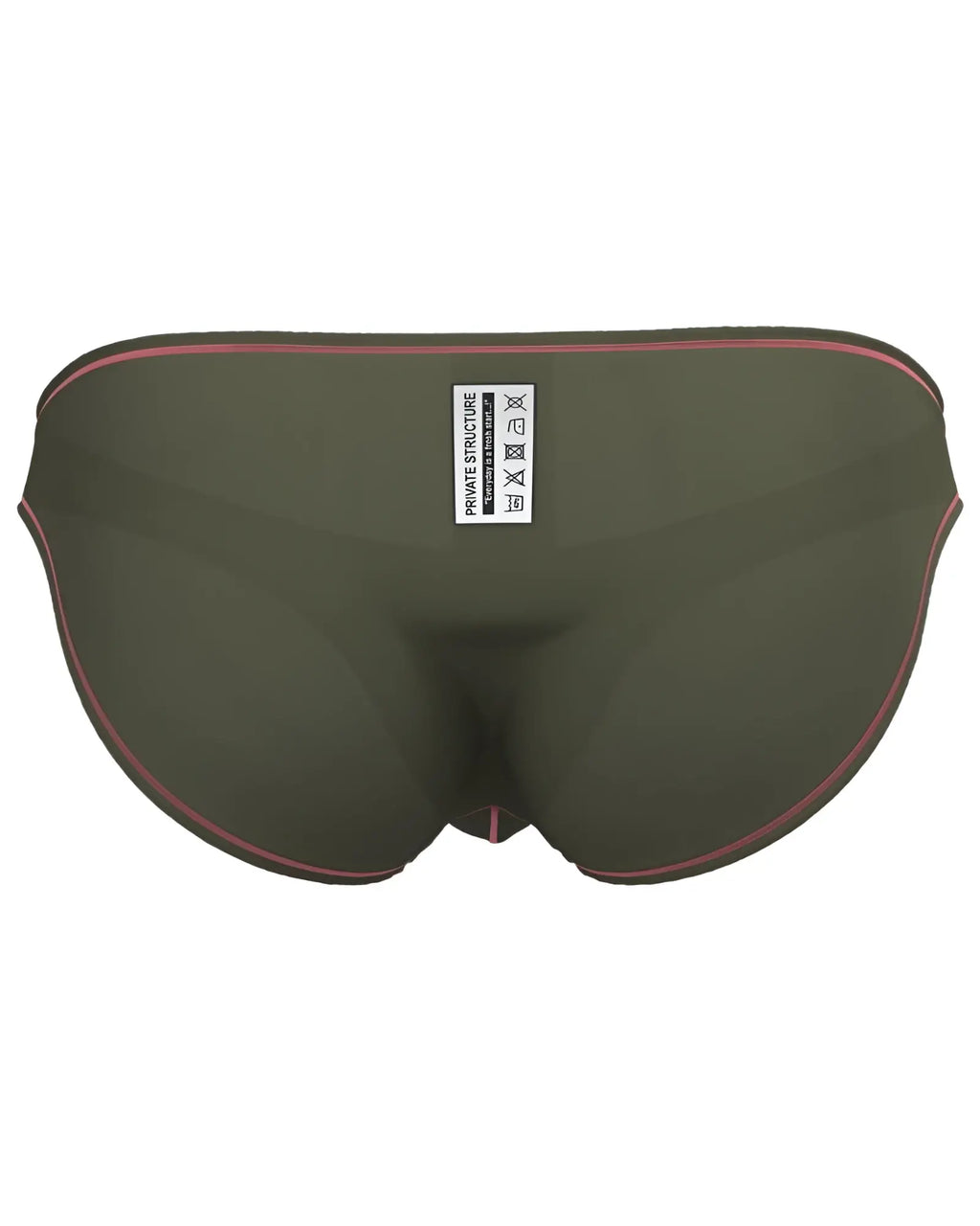 Olive green private structure epus4563 prime eutopia bikini brief with pink trim and white care label front view
