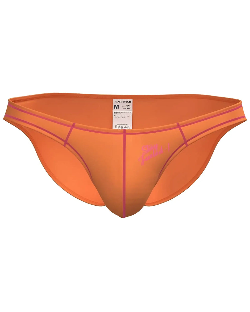 Bright orange Private Structure EPUS4563 Prime Eutopia bikini brief with pink trim and subtle front logo for swimwear