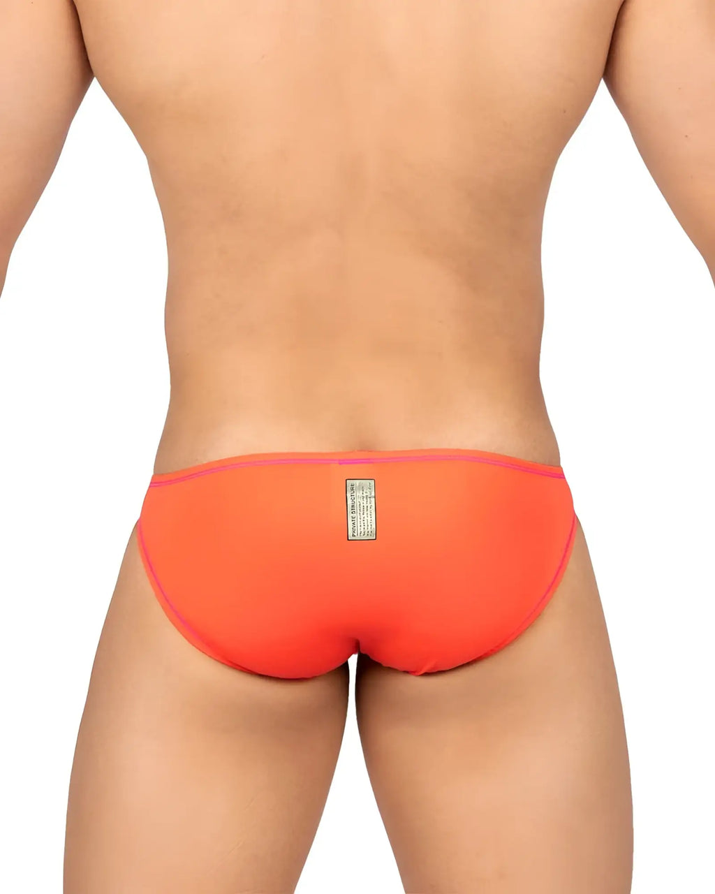 Back view of vibrant orange Private Structure EPUS4563 Prime Eutopia bikini brief with pink trim and rectangular label