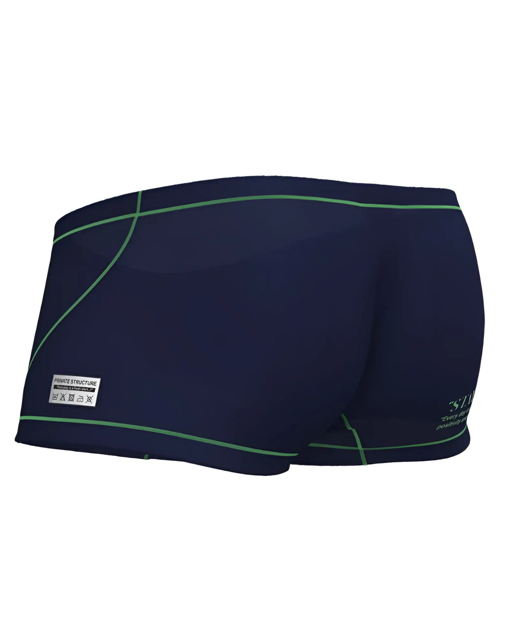 Dark navy private structure epus4570 prime elysian hipster swim trunks with green stitching and white brand label on side