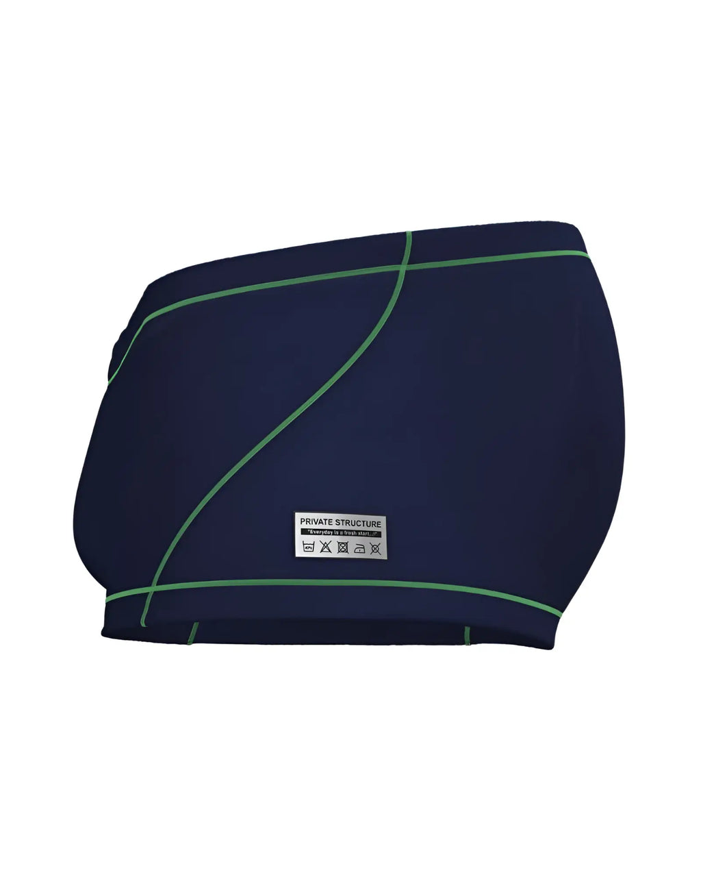 Dark blue swim trunks with green stitching and private structure brand label in prime elysian hipster style