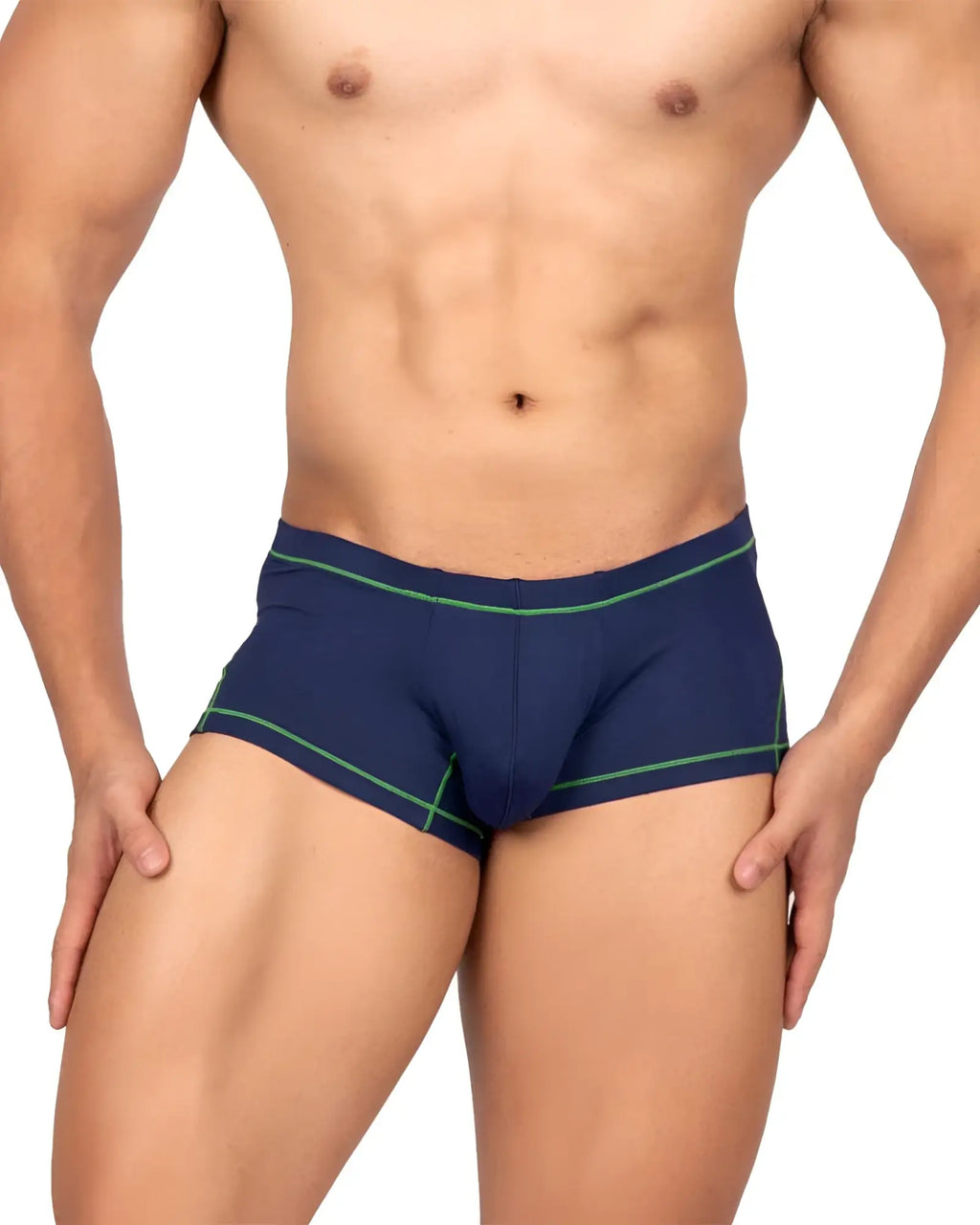 Navy blue briefs with green trim from private structure epus4570 prime elysian hipster in blue, front view