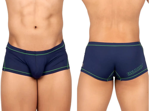Navy blue Private Structure EPUS4570 Prime Elysian hipster briefs with green trim and stay filled logo on the back side