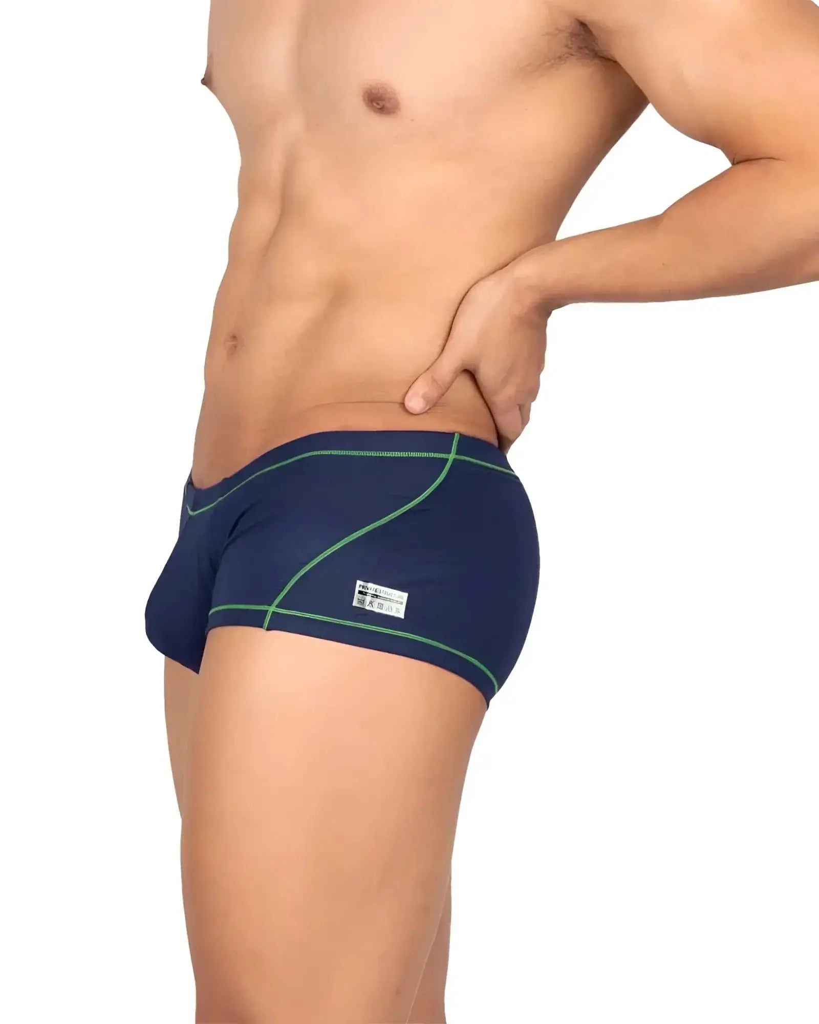 Navy blue Private Structure EPUS4570 Prime Elysian hipster swim trunks with green stitching and white brand tag
