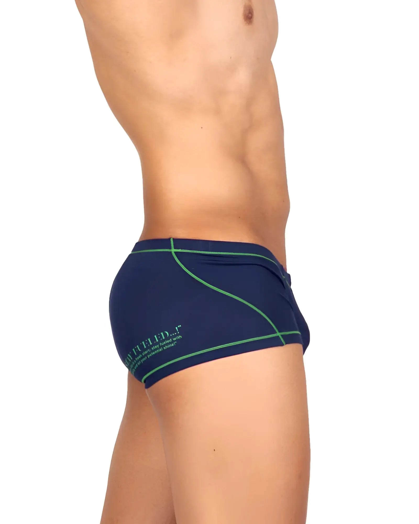 Private Structure EPUS4570 Prime Elysian navy blue swim trunks with green piping and subtle side logo for swimwear use