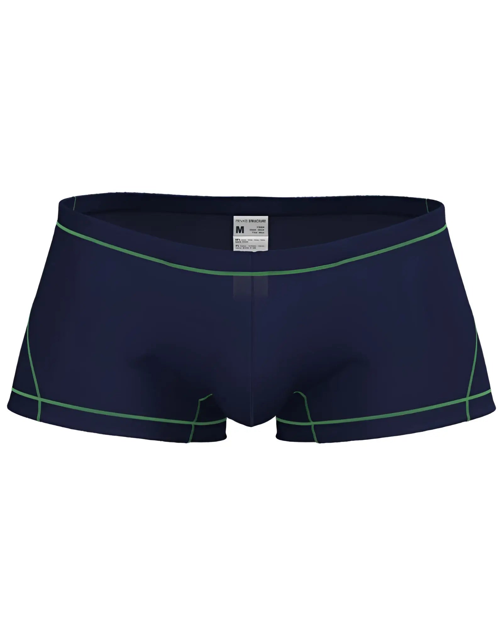 Navy blue private structure epus4570 prime elysian hipster swim trunks with green stitching details