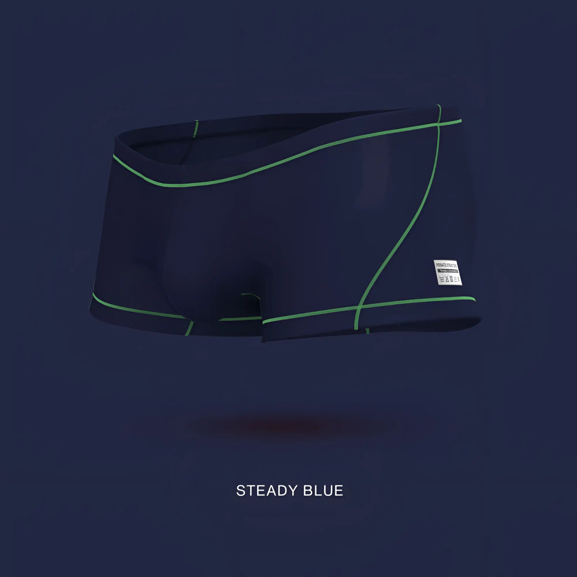 Navy blue private structure epus4570 prime elysian hipster swim trunks with neon green stitching and white side label