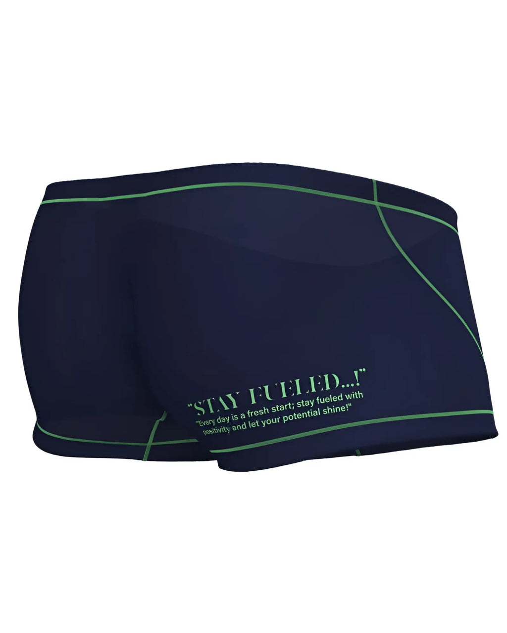 Navy blue private structure epus4570 prime elysian hipster swim trunks with green trim and motivational quote on side