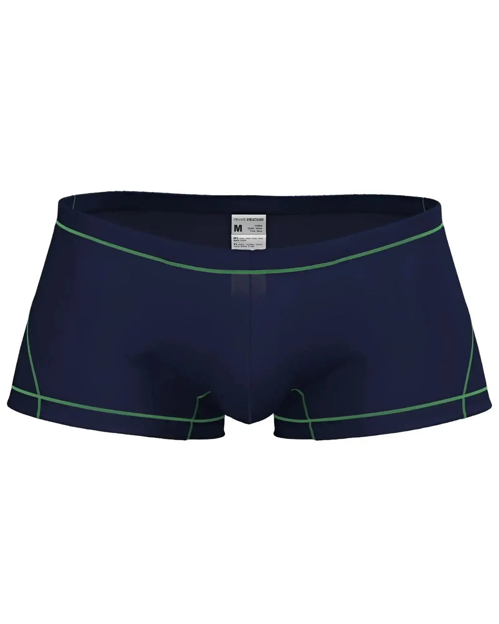 Navy blue private structure epus4570 prime elysian hipster swim trunks with green stitching details