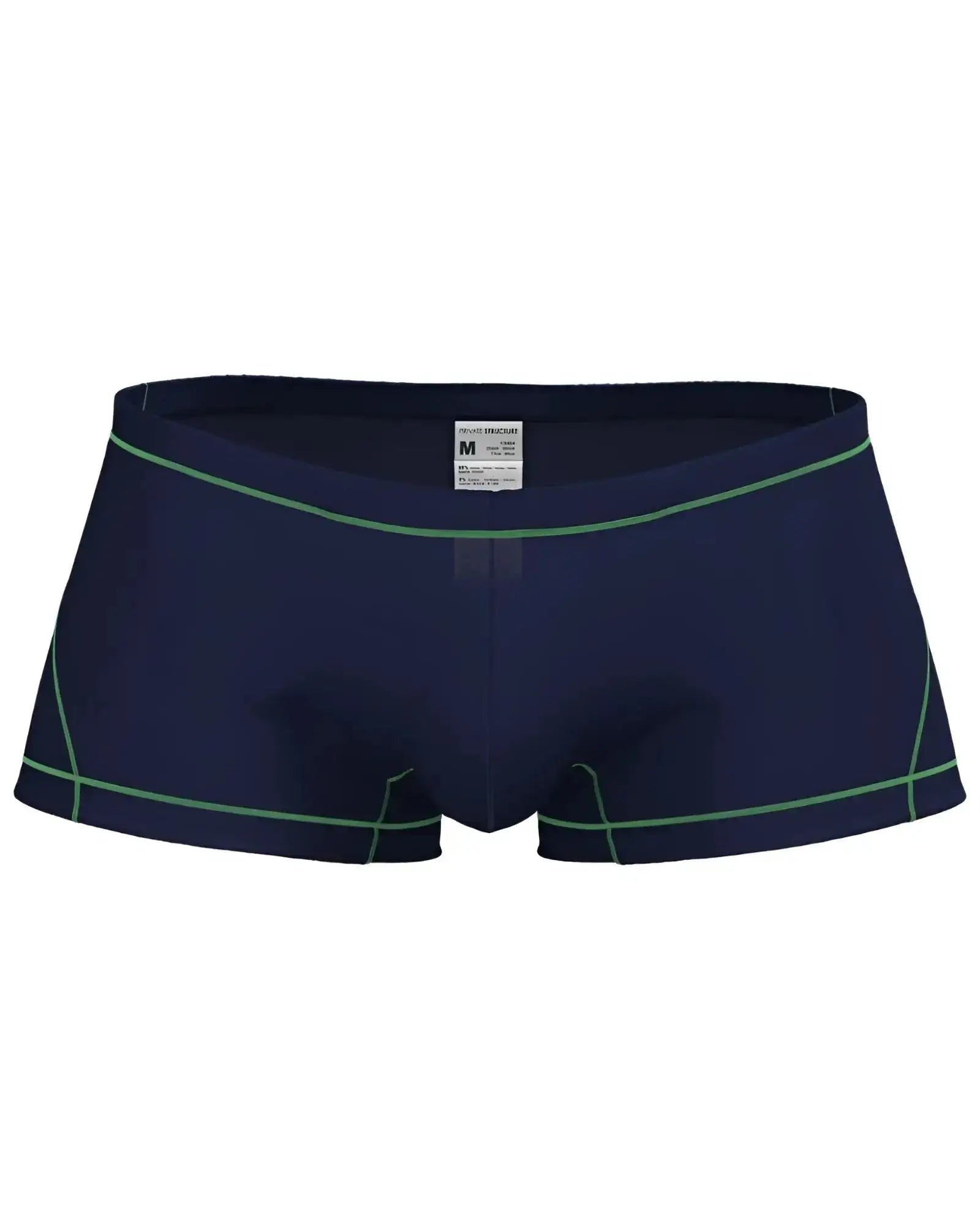 Navy blue private structure epus4570 prime elysian hipster swim trunks with green stitching details