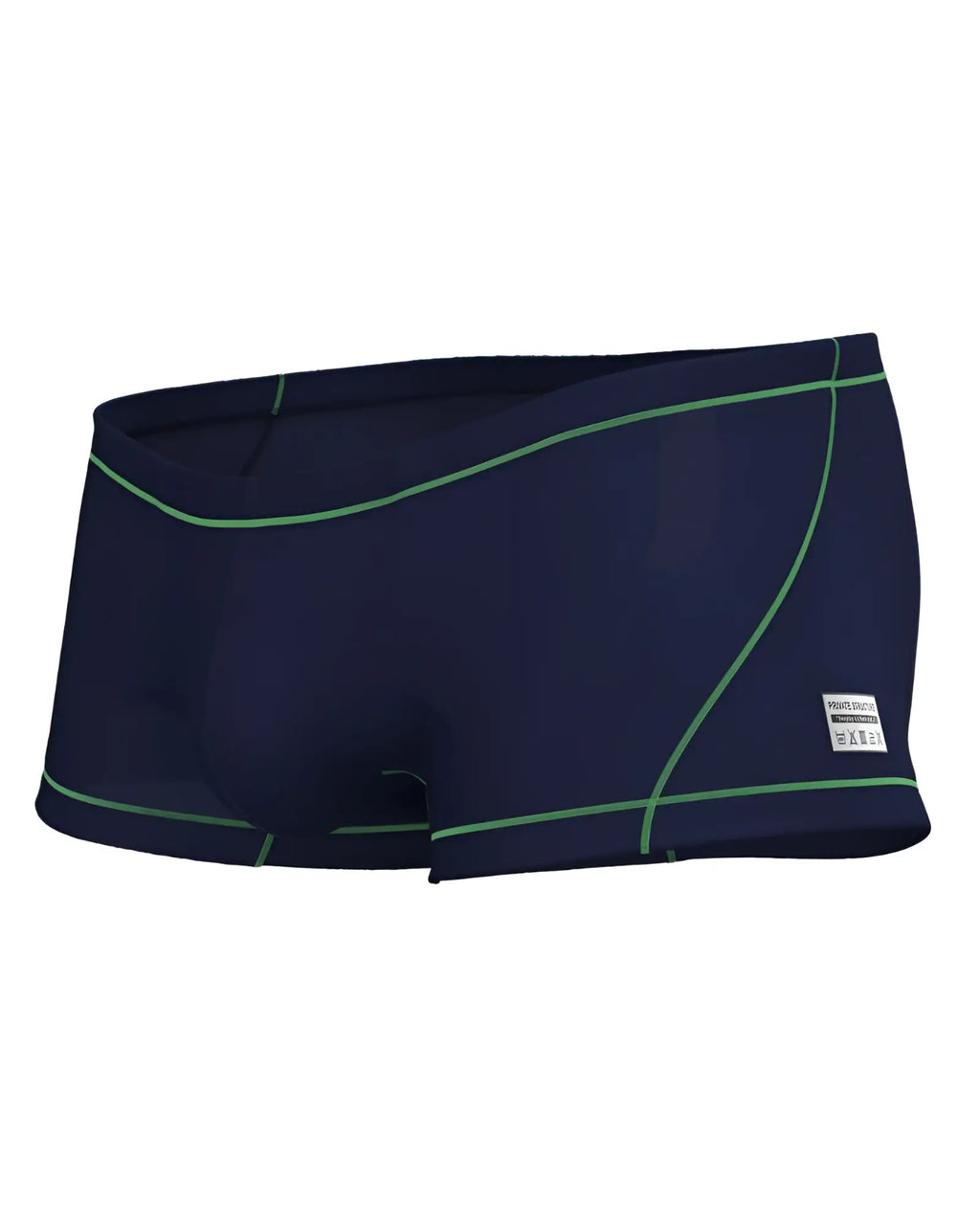 Navy blue private structure epus4570 prime elysian hipster swim trunks with neon green stitching and white brand label