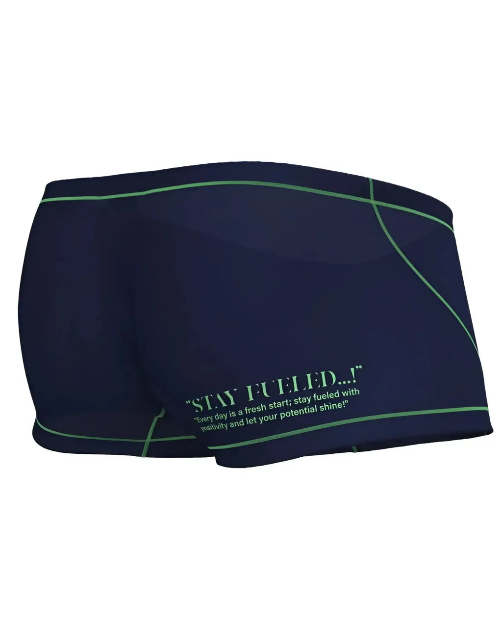 Navy blue private structure epus4570 prime elysian hipster swim trunks with green trim and motivational quote on side