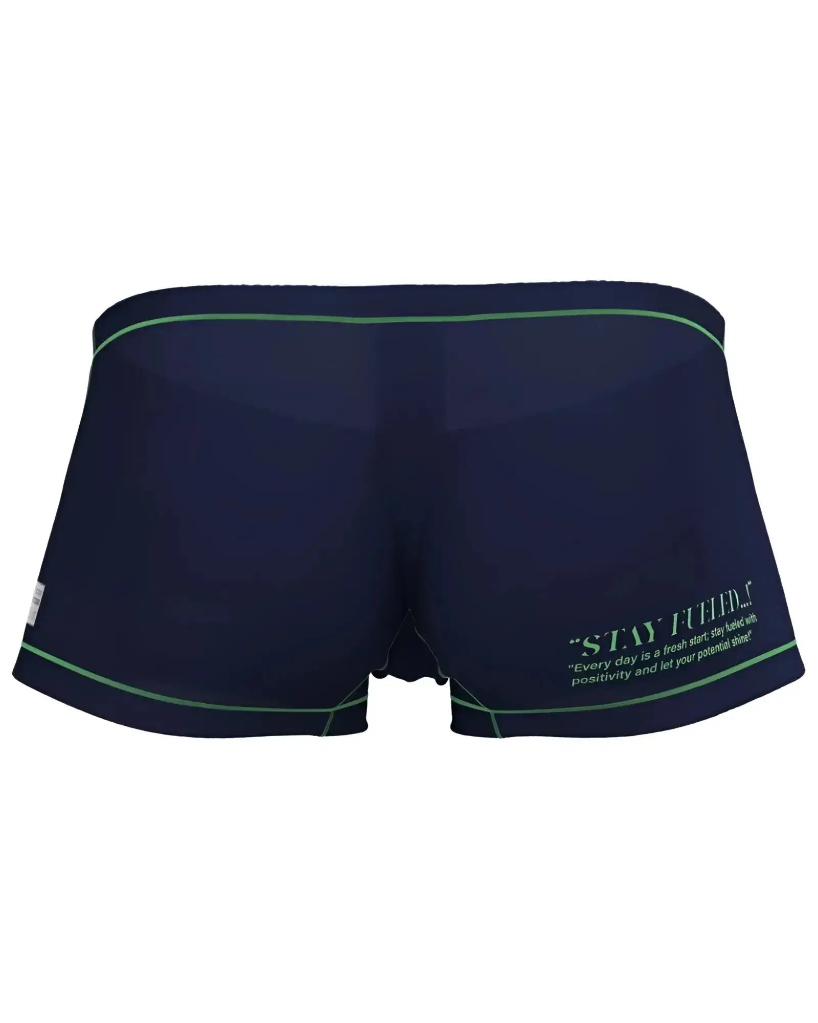 Navy blue Private Structure EPUS4570 Prime Elysian hipster swim trunks with green trim and motivational side print