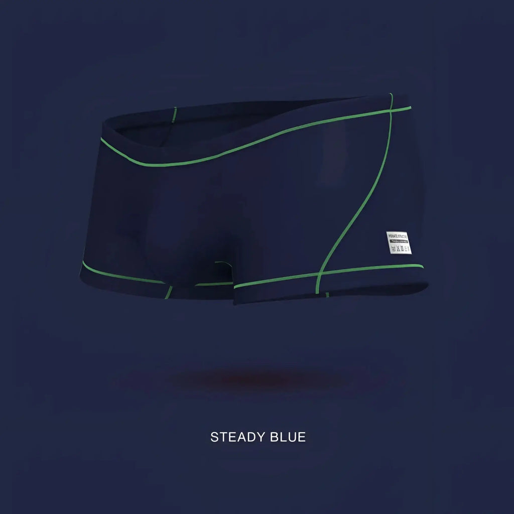 Navy blue private structure epus4570 prime elysian hipster swim trunks with neon green stitching and white side label